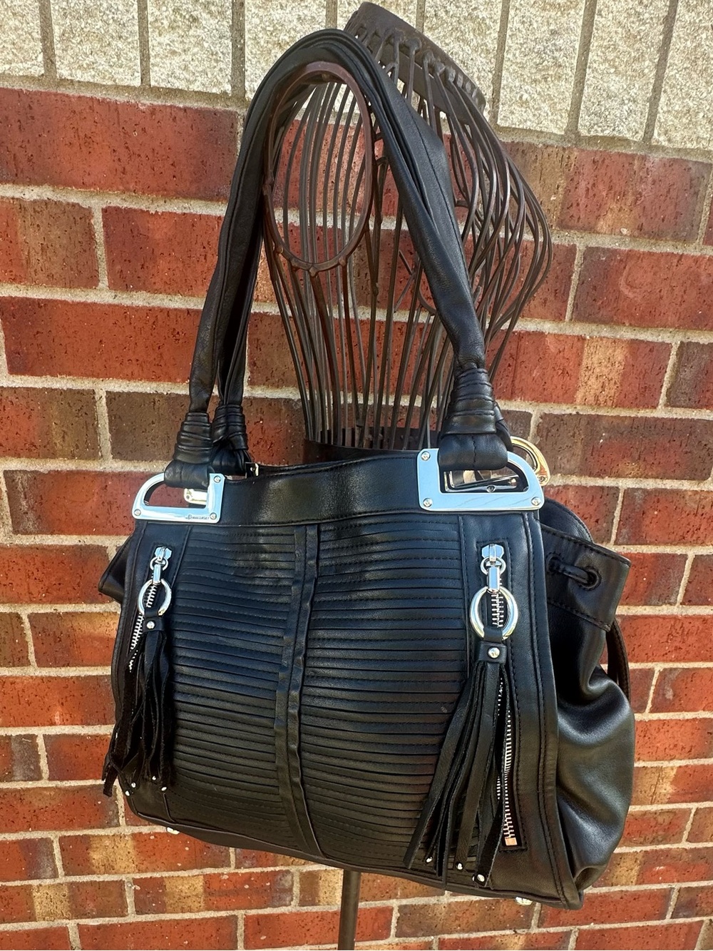 B.Makowsky Purse Leather Shoulder Bag Tassle Metal Hardware Handbag BOHO Biker